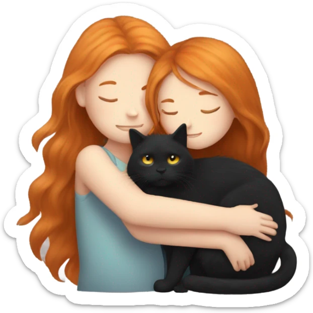 Ginger girl with long straight hair cuddling with black fluffy cat  sticker