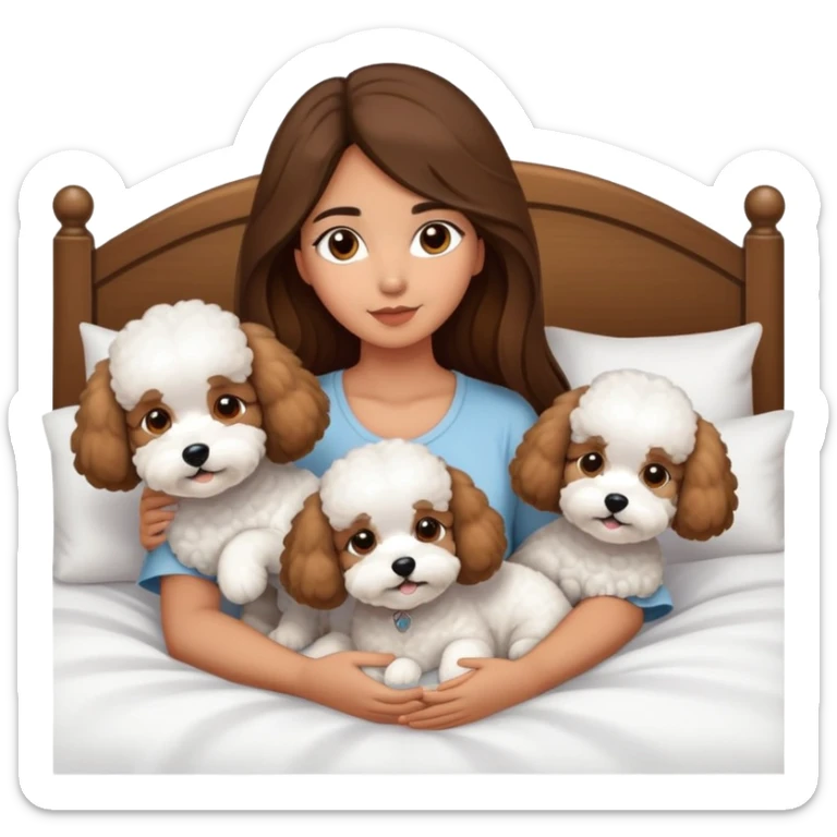 Olive skin girl with long brown hair in bed with 3 WHTE bichon frise's sticker