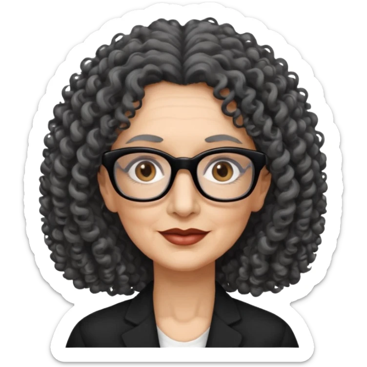 femme 60 ans cheveux gris foncé très bouclé longs et yeux marrons foncé,  lunettes rectangle noir sticker