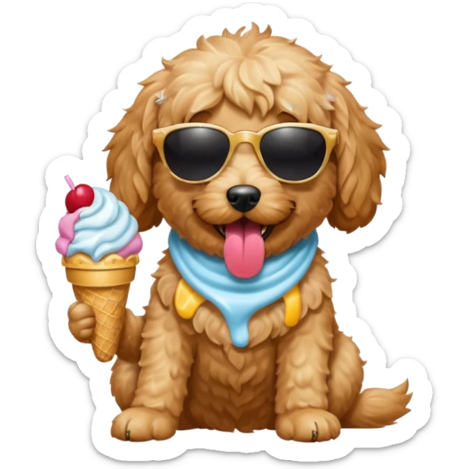 Create a mini golden doodle dog  wearing sunglasses and with its tongue out eating icecream sticker