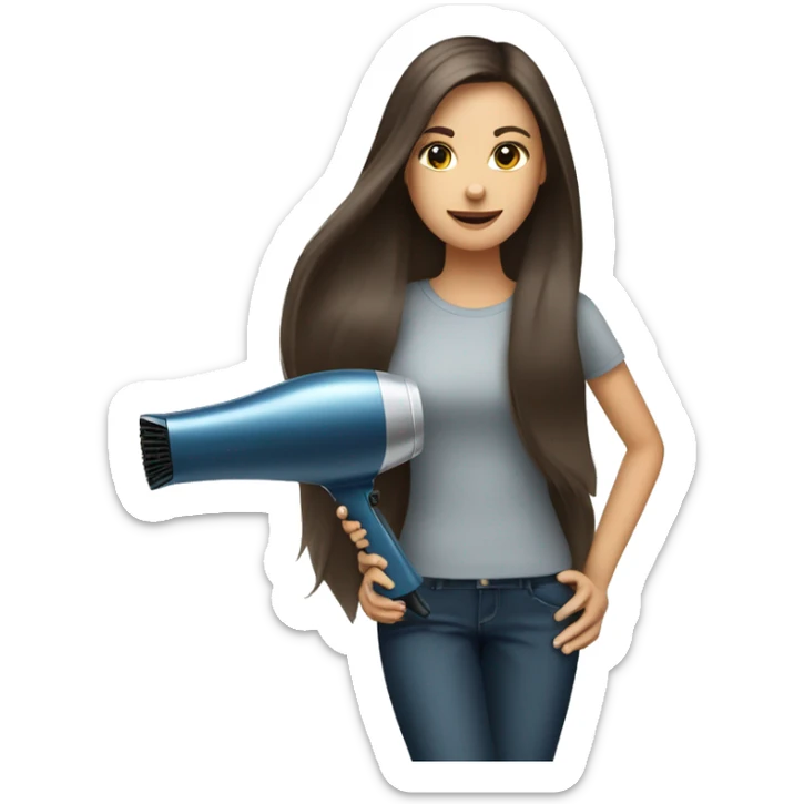 Pretty long brunette hair girl with a hair dryer  sticker