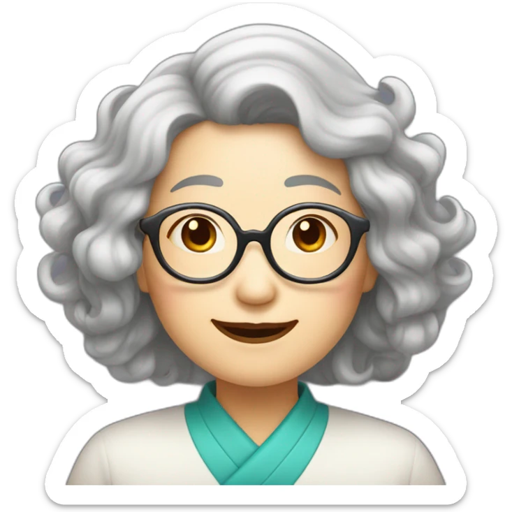 Chinese senior lady with wavy long hair wear  glasses show thank you signs sticker