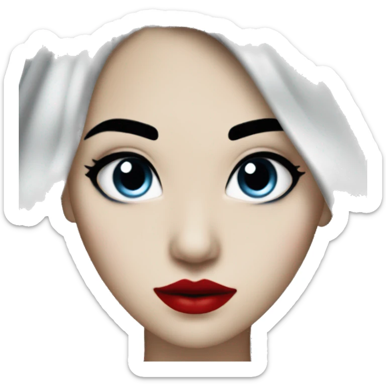 long black blue hair, red lipstick, black eyes, white skin and a small nose sticker