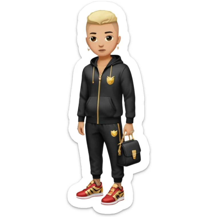 Capelli rasati ai lati con sfumatura, sopra corti e fissati con gel. Look curato e deciso. Indossa tuta firmata (Nike, Adidas, Lacoste, EA7) o jeans skinny, scarpe vistose come Air Force 1. Sempre presenti borsello a tracolla e collana d’oro E tatuaggi d’appertutto a mezzo busto sticker