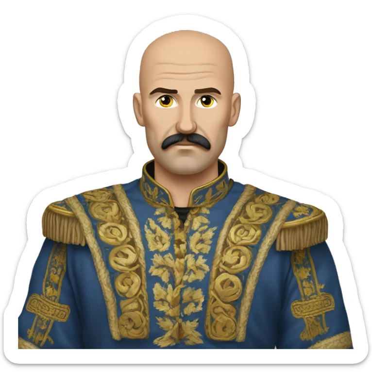 a Cossack warrior, The Cossack has a shaved head and a long strand of hair on one side. He has a thick, curved mustache and wears a gold earring in his left ear. He is wearing a simple Ukrainian embroidered shirt sticker