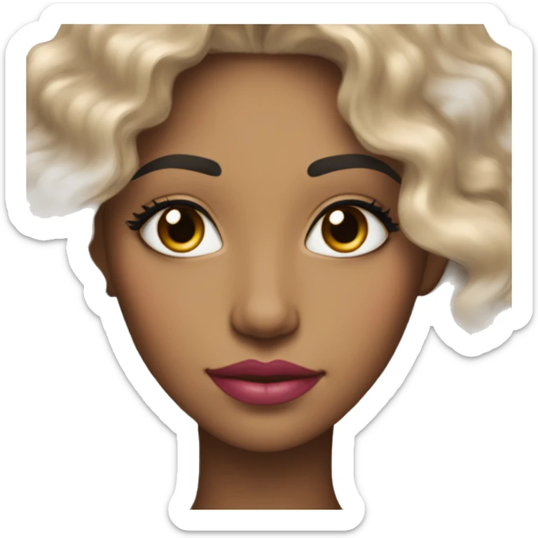 a woman with super light brown skin with long curly black hair with long eyelashes and pink lips sticker