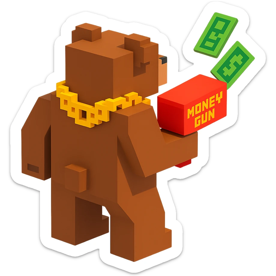 A grizzly bear with a chain and a money gun, voxel style, facing backward sticker