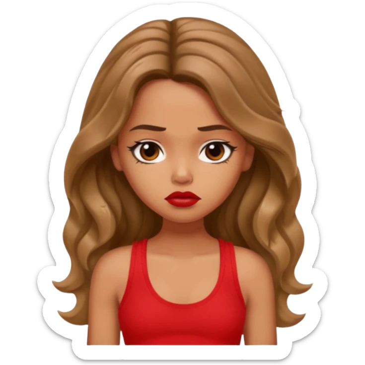 generate a pretty tan bratz girl with brown wavy hair long wearing a red tank top, red lipstick. Looking sad sticker