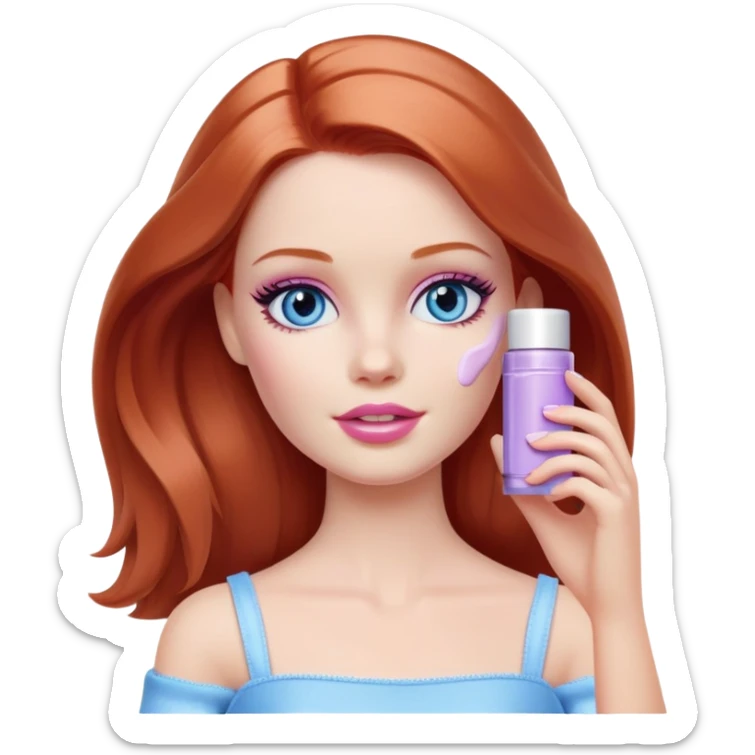 Barbie girl Chestnut-red Shoulder-length hair and blue eyes is In pale purple smears by hand cosmetic cream on her face sticker