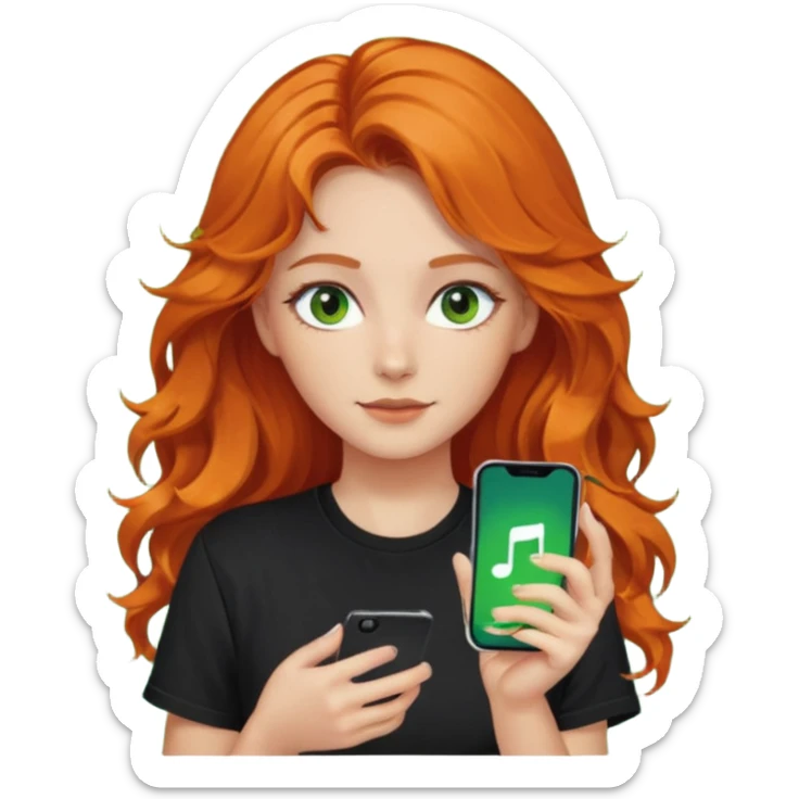 Girl with dark long orange wavy hair, green eyes, and black t-shirt and phone with tiktok app on hand sticker