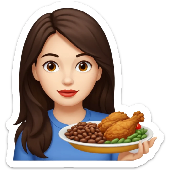 Mujer de pelo cafe oscuro y largo, y tez blanca comiendo pollo frito con frijoles sticker