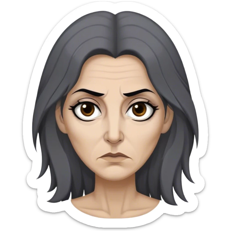 Mirri Maz Duur is a weathered, age 45  woman with deep-set dark eyes, high cheekbones, and a sharp nose, giving her a stern, knowing expression. Her long, unkempt dark hair streaked with gray falls loosely over her shoulders sticker
