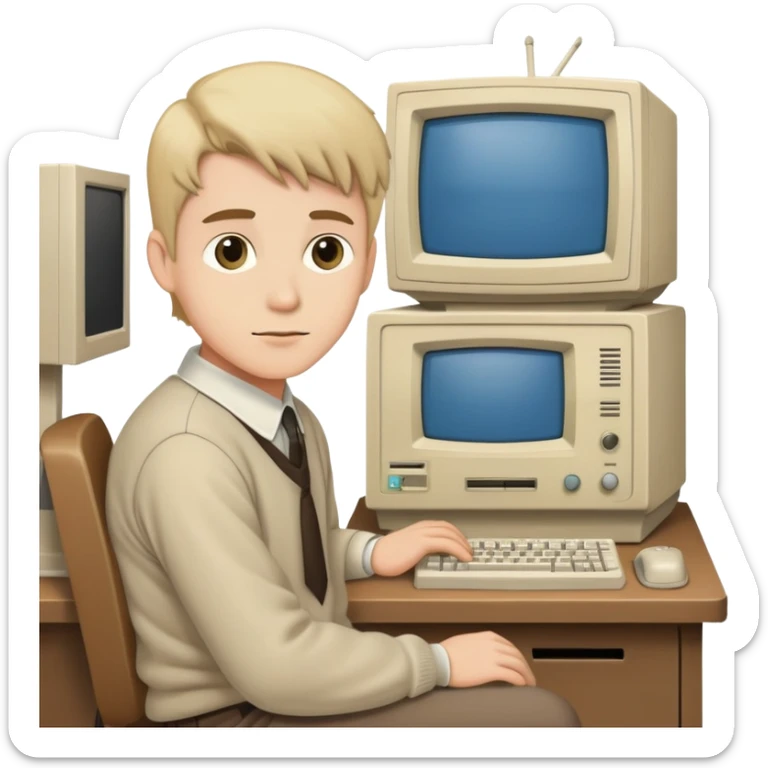 Young man sitting at a very old desktop computer from the 1990s with CRT monitor and beige tower sticker