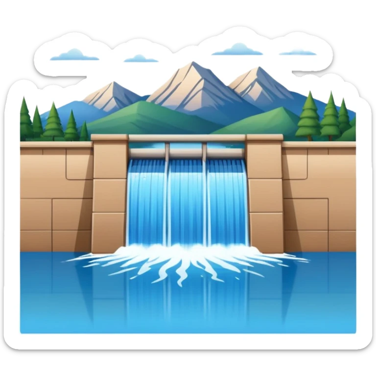 Emoji-style illustration of dam in front of mountain lake, flat vector look, bold outlines, minimal details, no background. sticker