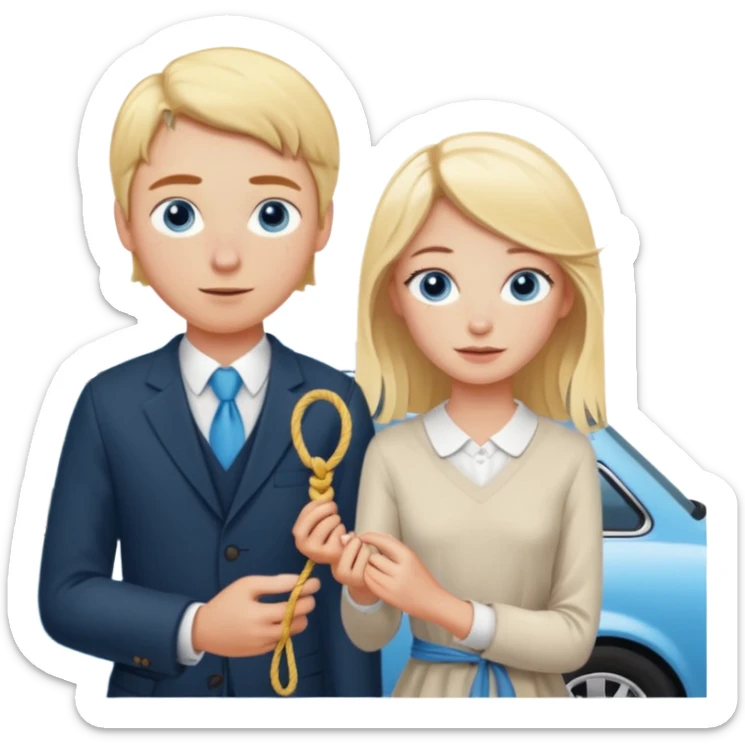 crea un emoji con esos 3 en conjunto👫🏻🪢🚘 & que la chica sea rubia y tenga pecas en la cara y tenga los ojos azules sticker