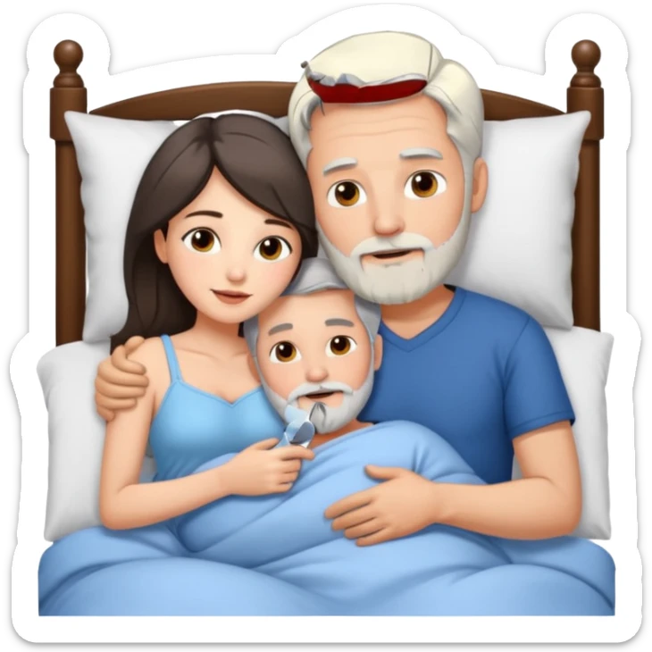 Man with grey hair and beard, and beautiful brunette woman spooning in bed sticker