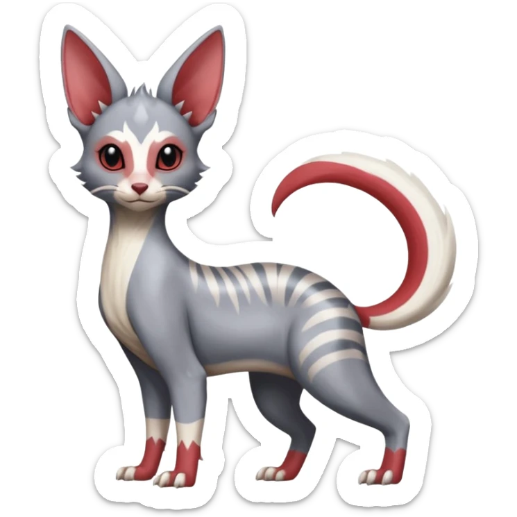 Minccino-Lykoi-Emolga-Sphynx-Linoone-Zangoose-fusion-hybrid-animal-Fakémon-creature, full body, thin long sleek scaly tail, intricate markings sticker