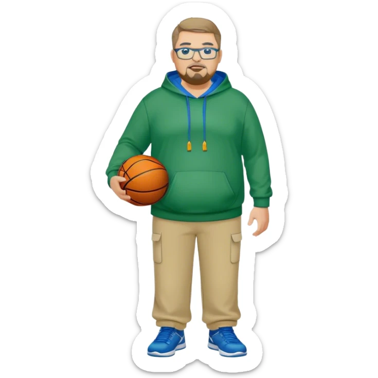 full body white obese male basketball coach with trophy. Goatee , Wearing glasses and blue and green hoodie and khaki pants sticker