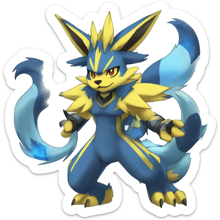 Anthro Edgy Cool Zeraora-Lucario-Werewolf-Jolteon-Pokémon-Fakémon with shiny blue stripes Full Body Detailed High Quality  sticker