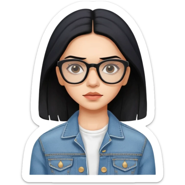 generate a pretty bratz emoji 
Make her wear a white dress with a denim jacket over it. black hair side part 

She should look exactly  like Deepika padukone. wearing tiny rectangular spectacle, looking sad sticker