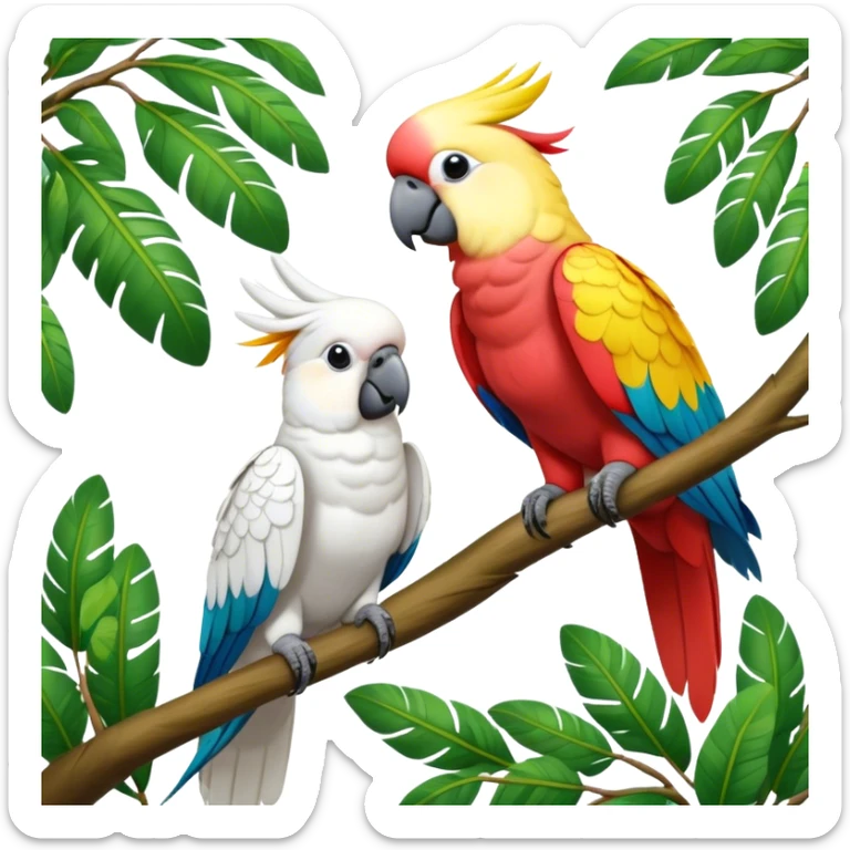 Close-up of colorful parrots Ara and Cockatoo Inca perched on tree branches, surrounded by lush greenery. Bright, vivid feathers contrast with the natural background of trees, leaves, fruits. Soft natural light, enhancing vibrant colors. Transparent background. sticker