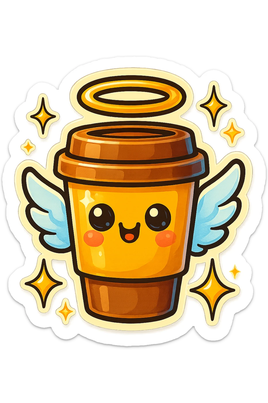 Tall coffee cup, shiney eyes, angel halo, wings, star sparkles sticker
