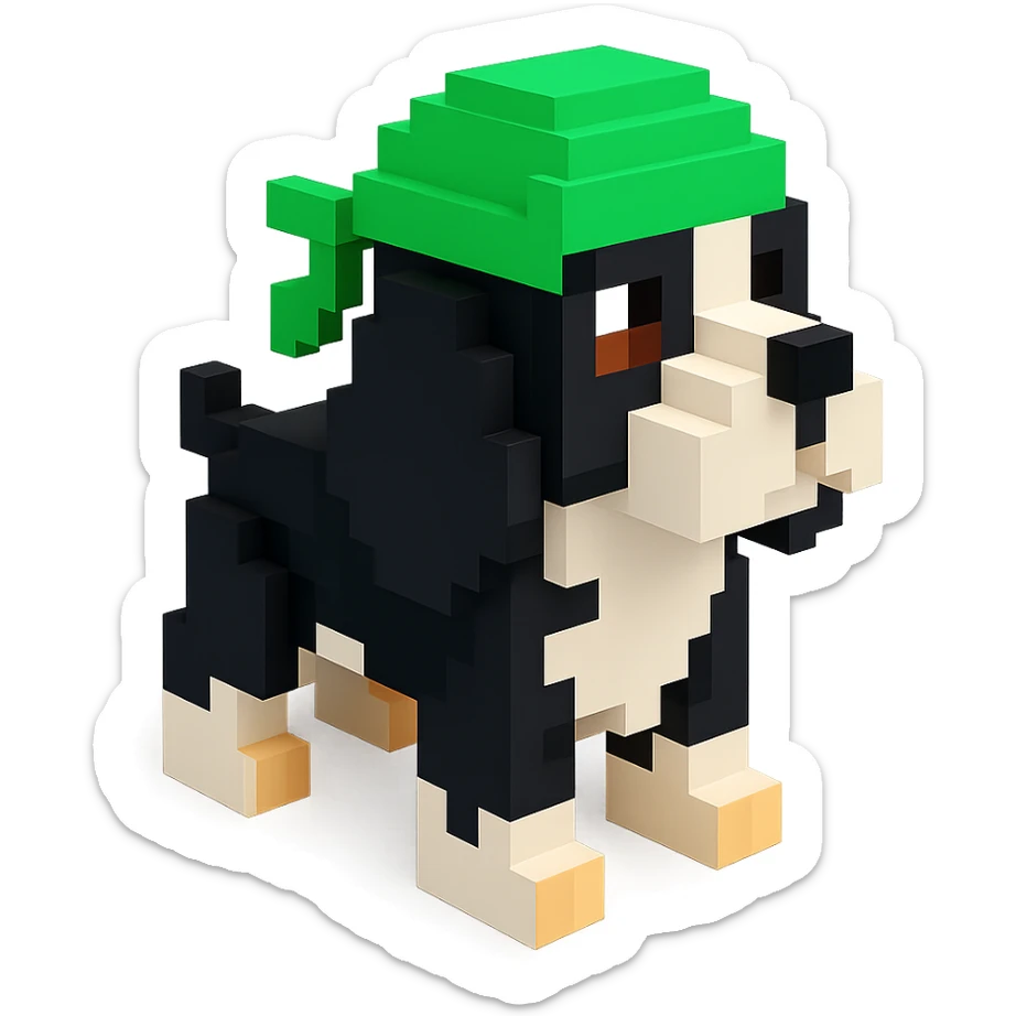 A black and white Russian Cocker Spaniel puppy wearing a green durag, facing right sticker