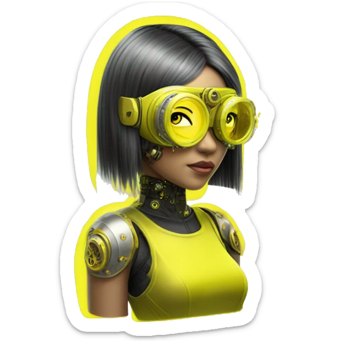 Neon yellow bobbed hair Asian female cyborg head with silver steampunk goggles and circuits sticker