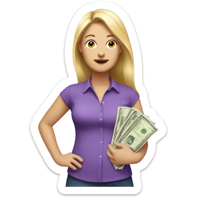 White Women in purple shirt rocking baby, but money instead of baby sticker