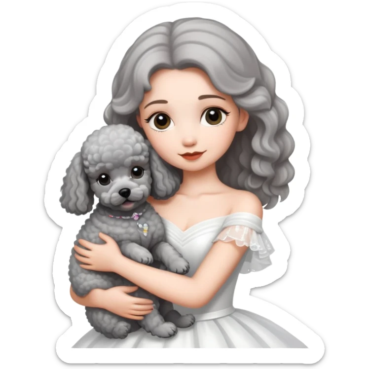 beautiful girl in a wedding dress hugging a small gray poodle sticker