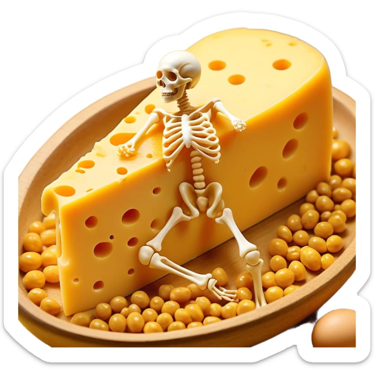 Ethereal pieces of aged cheese, golden egg yolk, and natto floating around a translucent glowing skeleton. Fine rays of golden light flow from the foods to the bones, where small locks open upon contact, guiding calcium like precision keys that prevent accumulation in arteries. sticker