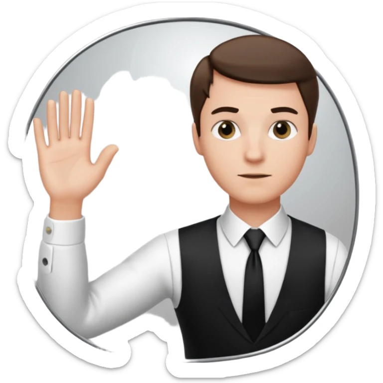 A man wearing a white dress shirt and black tie looking into a mirror holding up his hand. We should be seeing the back of the man and his reflection in the mirror. sticker