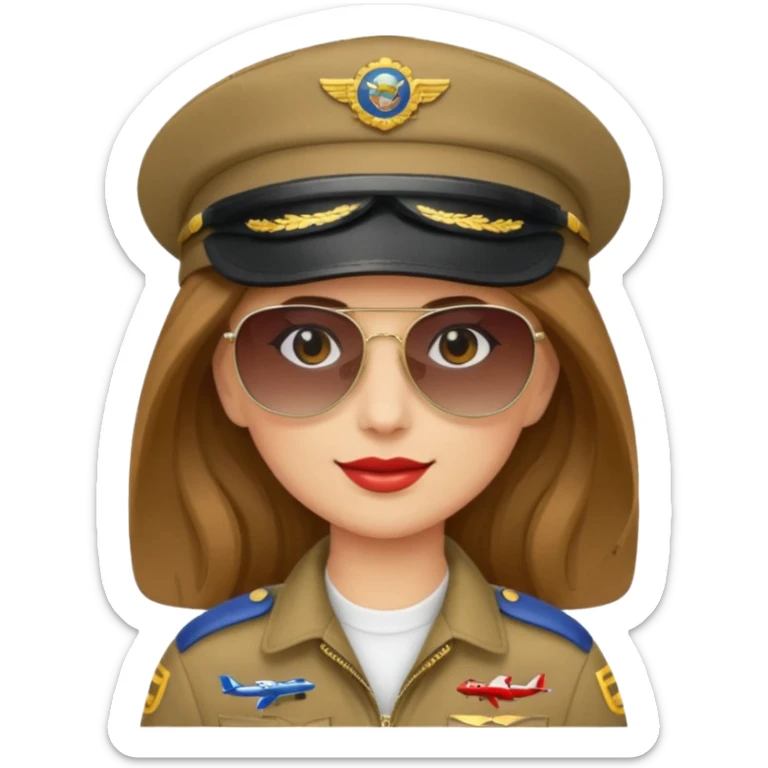 pilote d'avion femme cheveux brun clair avec sunglasses et chapeau de pilote sticker