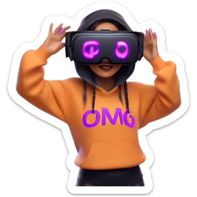 Russian girl wearing black hoody with violet letters "OMG", in vr headset oculus quest2. Dancing. Cyberpunk style. Violet neon. sticker
