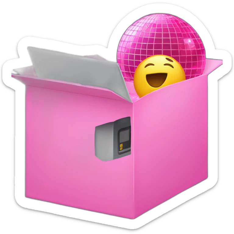 Inside a pink box, the letter "u" is in the middle, and disco ball, laptop emojis peeking out from around the box. sticker