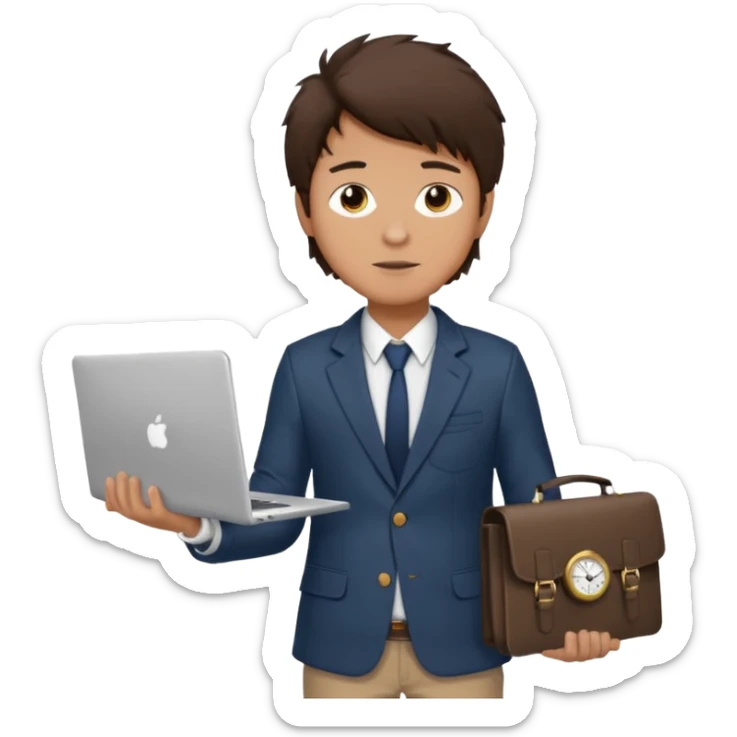 a tan boy with messy dark brown hair. Wearing a blazer and carrying a lapotop. watch on wrist sticker