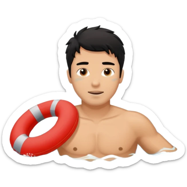 Lifeguard male tanned skin Teenager with Black messy hair swimming to rescue someone sticker