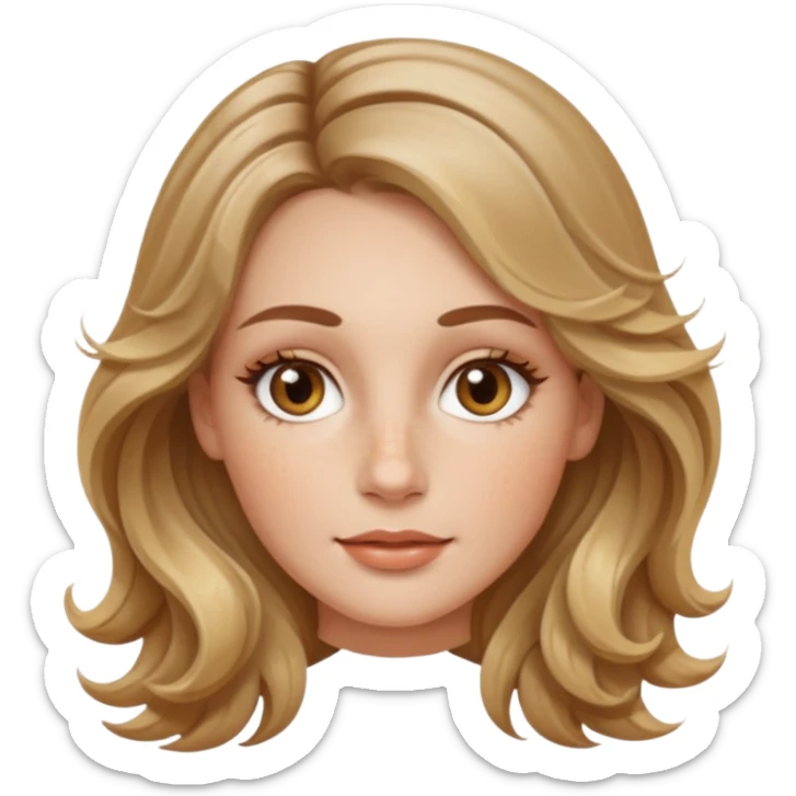 creative women with long dark Blond with highlights wavy hair white women, oval shape face hazel eyes long lashes little bit of freckles on the nose high cheek bones sticker