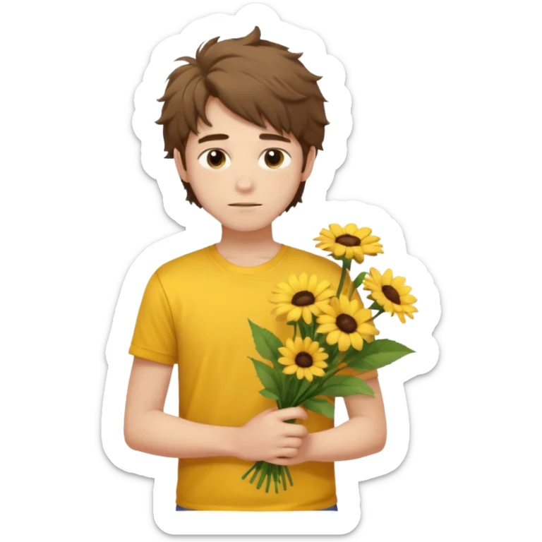 generate an ios genmoji of a 20 year old fair boy with brown long and messy hair with stubble on cheeks. should look like he cant grow a mustache., carrying a flower bouquet, wearing a yellow tshirt, looking shy sticker