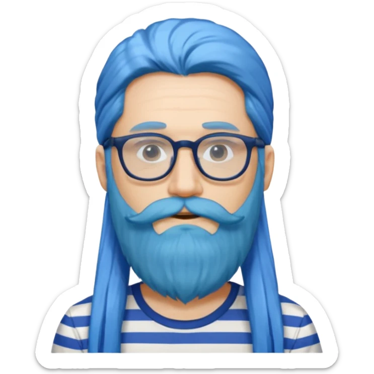 man with long blue hair, glasses, and a long beard and wearing a striped t-shirt sticker