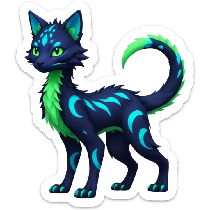Kawaii dark edgy colorful vibrant neon glowing fantasy feline-vernid-sergal-fursona animal creature with a tufted tail full body with intricate markings  sticker