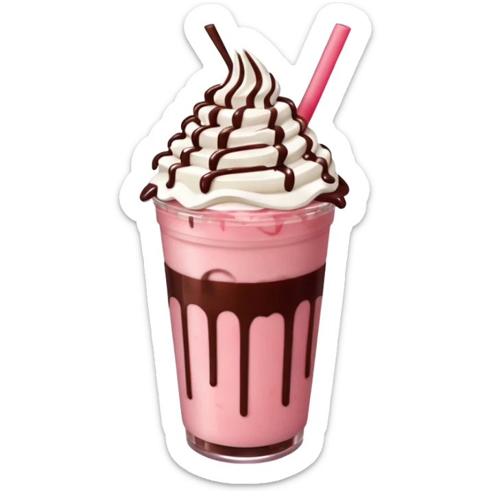 Strawberry Starbucks frappe with red strawberry jam at the bottom with whipped cream and chocolate drizzle sticker