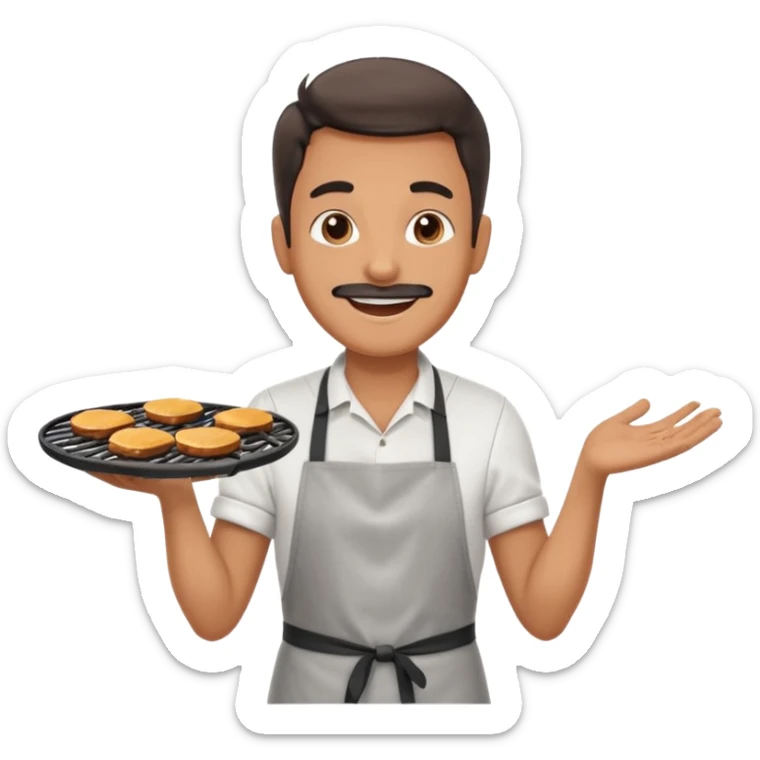 A cheerful man in an apron flipping burgers on a sizzling grill with smoke puffing upward. sticker