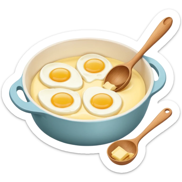 A carton of eggs, butter and a cream ceramic baking bowl with a wooden spoon in it sticker