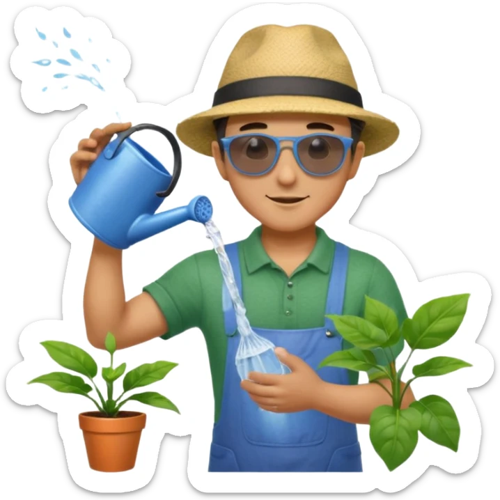 Realistic illustration of a man pouring water onto a green plant, standing outdoors in daylight, with a watering can in hand, gentle and caring expression, vibrant garden background, soft natural lighting, highly detailed, professional composition." sticker