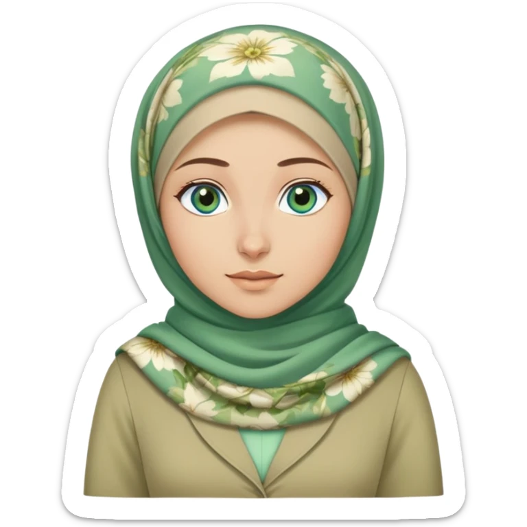 Turkish beautiful finish Konya girl blue eyes and green khaki hijab and light green floral dress and she go out from office sticker