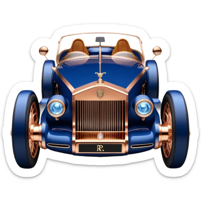 dark blue led lights on a hot rodded delicately inlaid rose gold and wood accentuated sporty 1889 Rolls Royce with futuristic electric spaceship plasma motors and dynamos with wide racing wheels that are held strong by advanced suspension and steering sticker