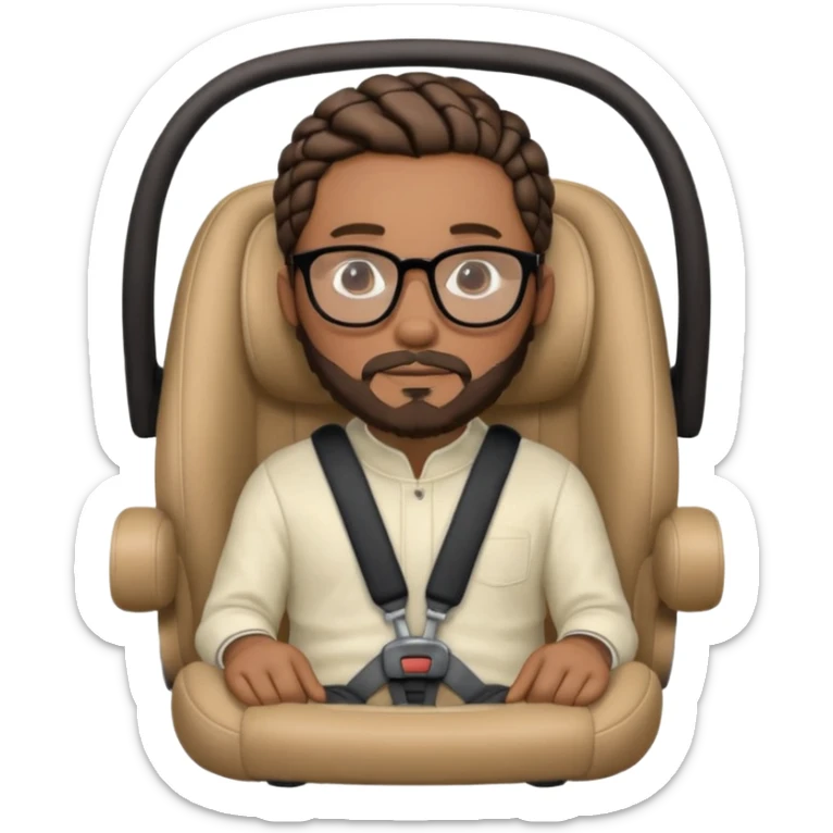 portrait of a man with short braids, trimmed beard, wearing glasses, sitting in a car seat, luxury vibe sticker
