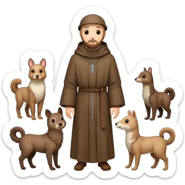 create a full body shot of Saint Francis of Assisi cartoon modern type with animals during the winter, background, to be used as an AI crfreation in HeyGen.com, please create a winter background sticker
