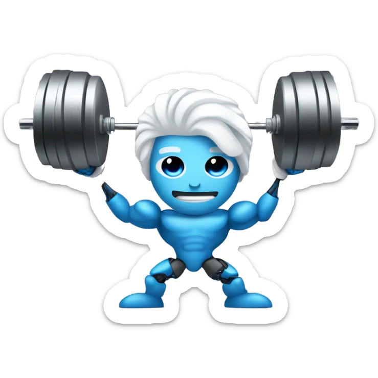Strong bionic robot man with amazing hair white hair and beard and blue human eyes lifting weights   sticker